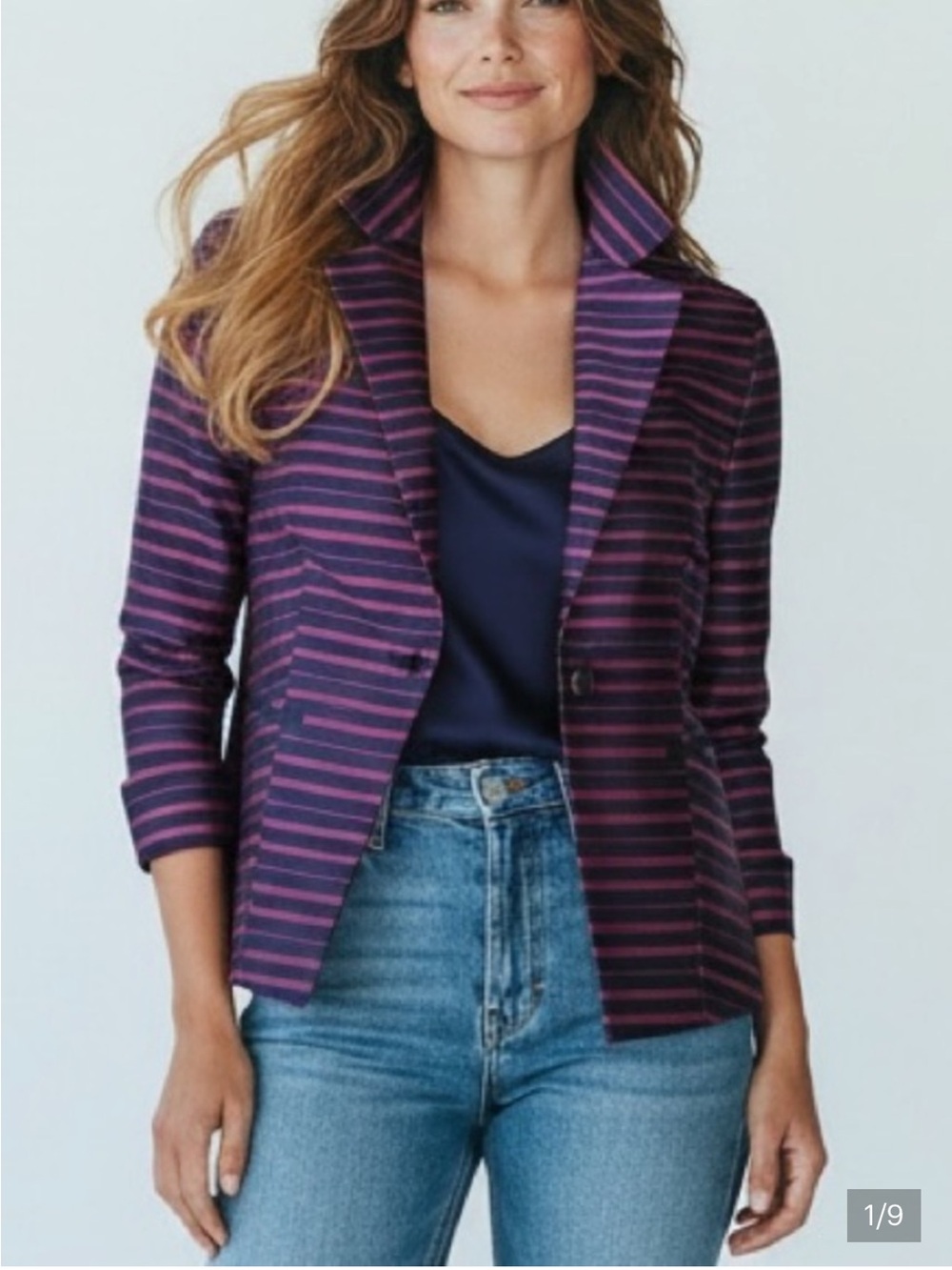 TALBOTS Grace Fit Stripe Doupioni Silk/Cotton Magenta/Navy Blazer, Size 12
